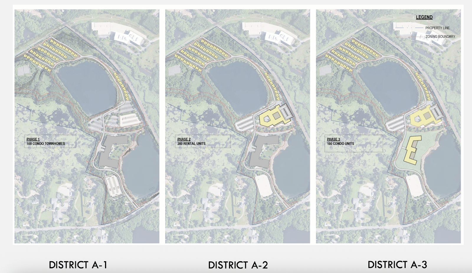 The potential development phases of 133 Boston Post Road. The first phase is 100 townhouses, the second is 280 multifamily units and the third is 100 age-restricted units.